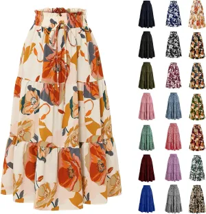 Boho Midi Skirts for Women A Line Pleated Tiered Floral Skirt Flowy Ruffle Hem Skater Skirt Summer Bohemian Clothes