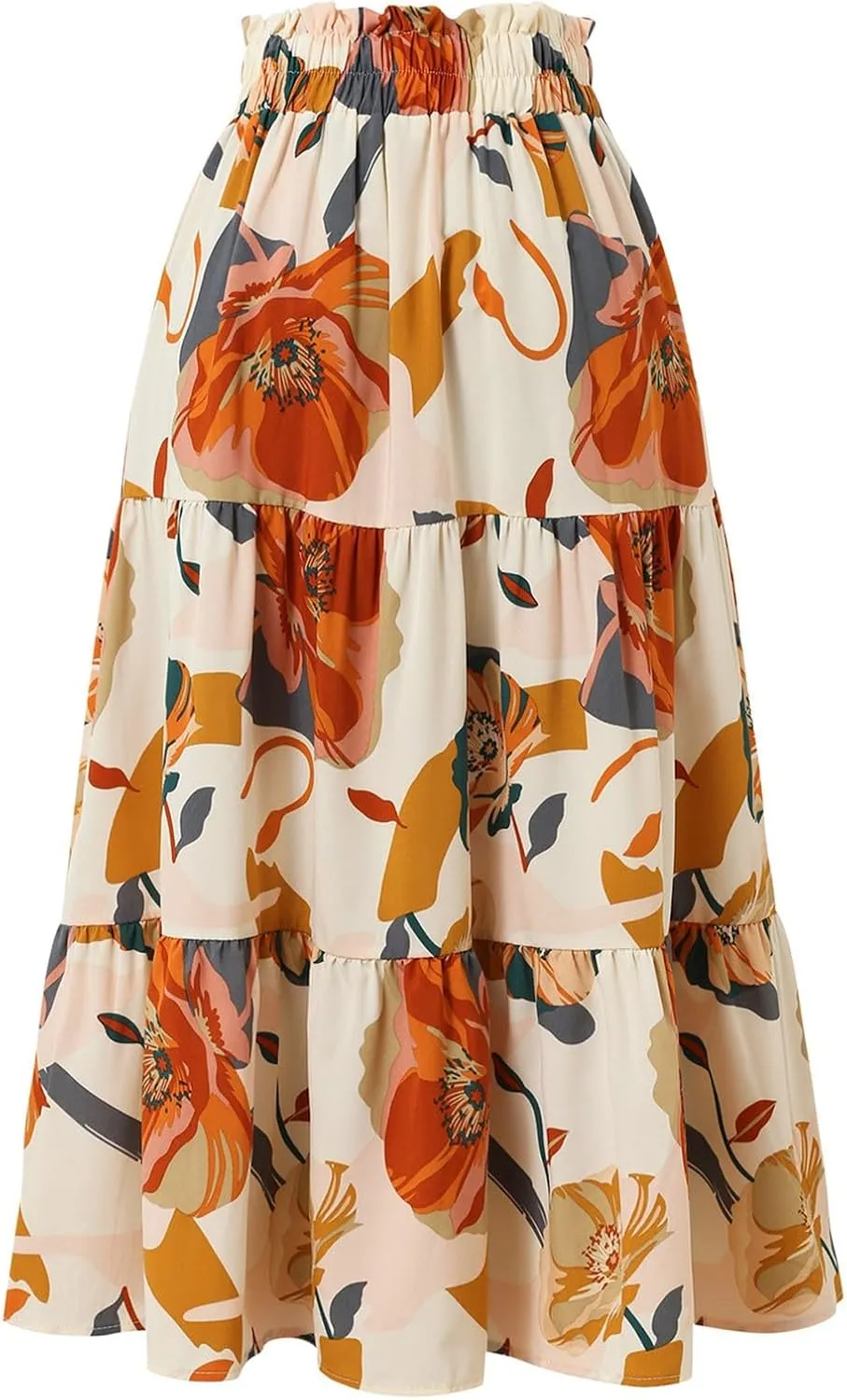 Boho Midi Skirts for Women A Line Pleated Tiered Floral Skirt Flowy Ruffle Hem Skater Skirt Summer Bohemian Clothes