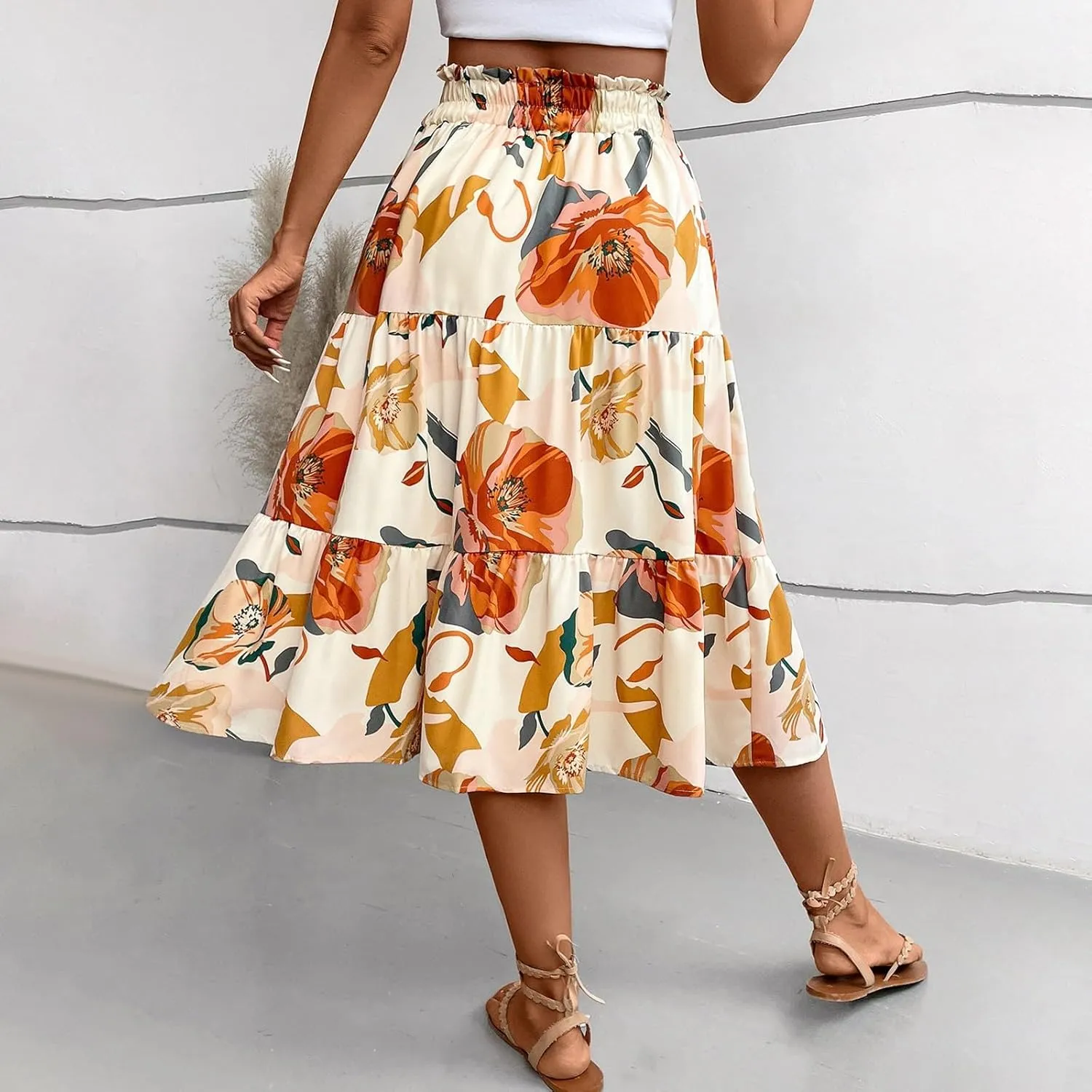 Boho Midi Skirts for Women A Line Pleated Tiered Floral Skirt Flowy Ruffle Hem Skater Skirt Summer Bohemian Clothes