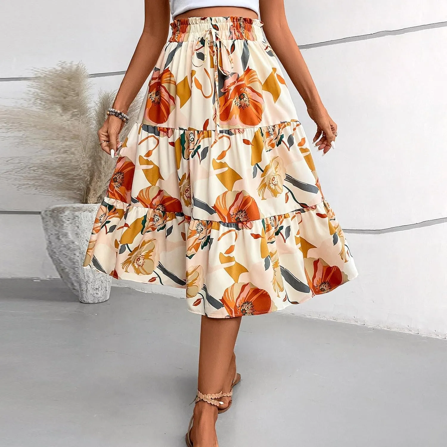 Boho Midi Skirts for Women A Line Pleated Tiered Floral Skirt Flowy Ruffle Hem Skater Skirt Summer Bohemian Clothes