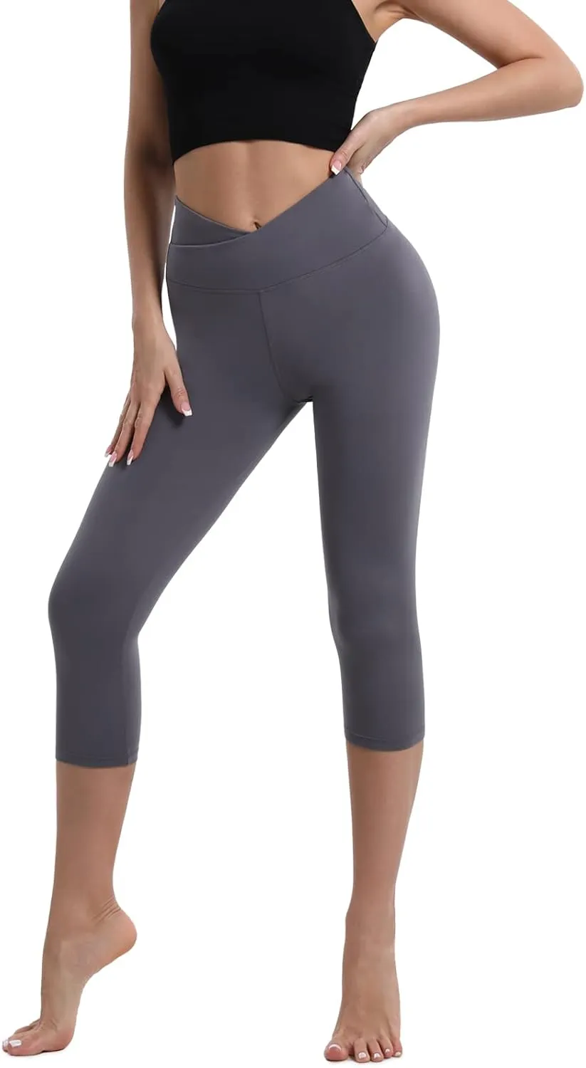 BOPOVA Women's High Waisted Capri Leggings Navy V Crossover Waist Tummy Control Workout Yoga Pants for Women