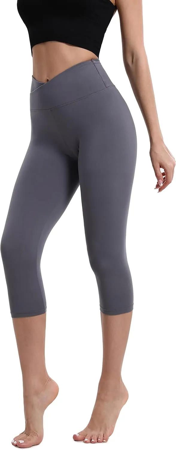 BOPOVA Women's High Waisted Capri Leggings Navy V Crossover Waist Tummy Control Workout Yoga Pants for Women