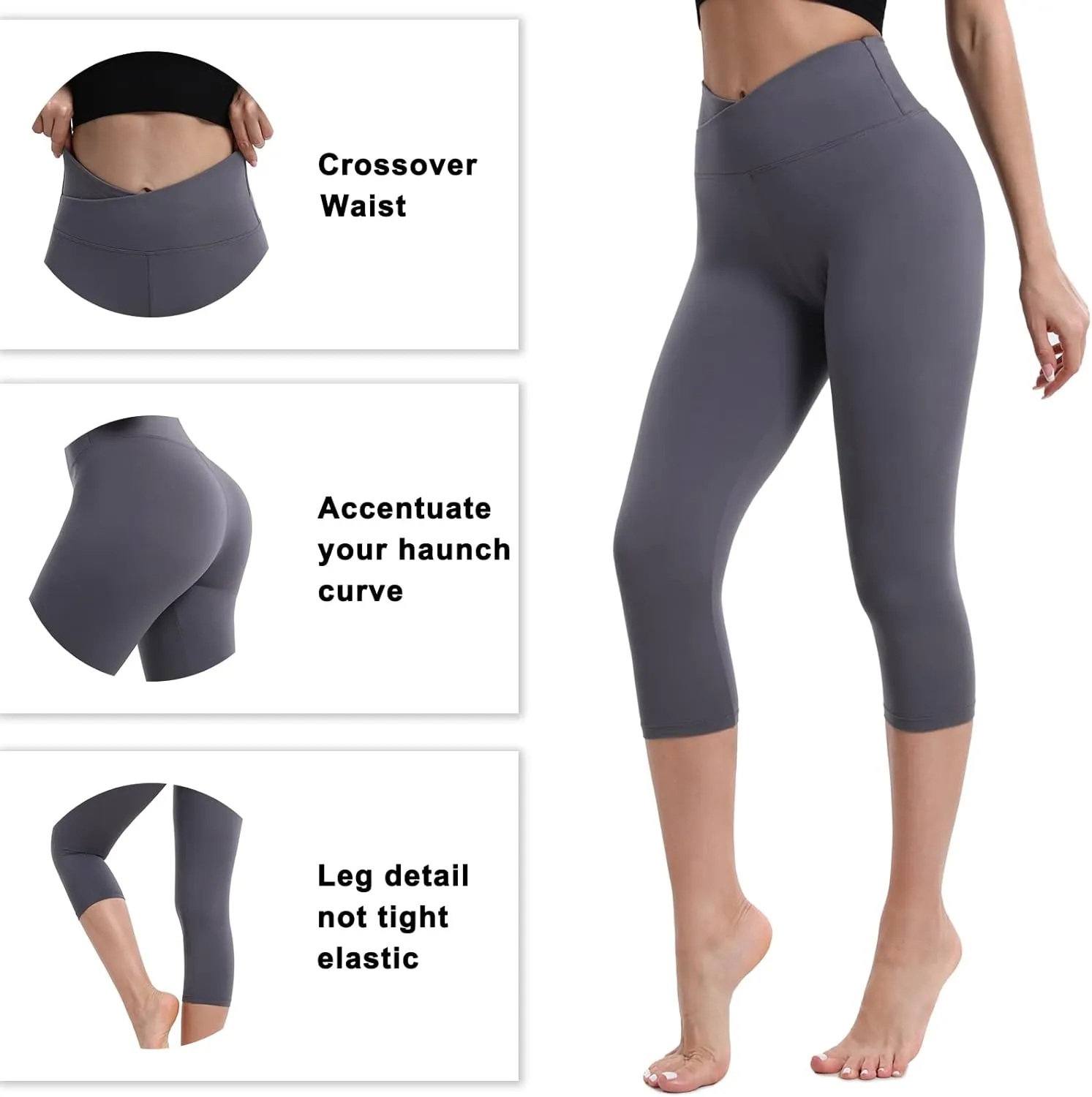 BOPOVA Women's High Waisted Capri Leggings Navy V Crossover Waist Tummy Control Workout Yoga Pants for Women