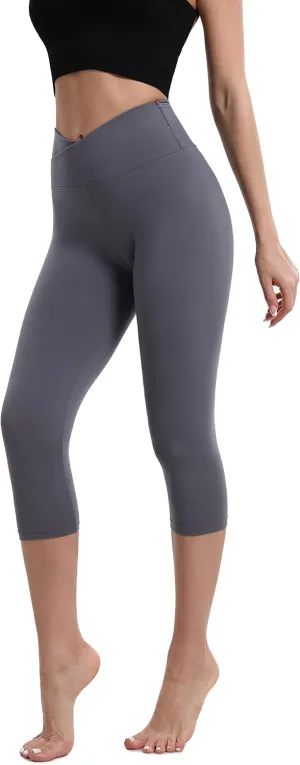 BOPOVA Women's High Waisted Capri Leggings Navy V Crossover Waist Tummy Control Workout Yoga Pants for Women