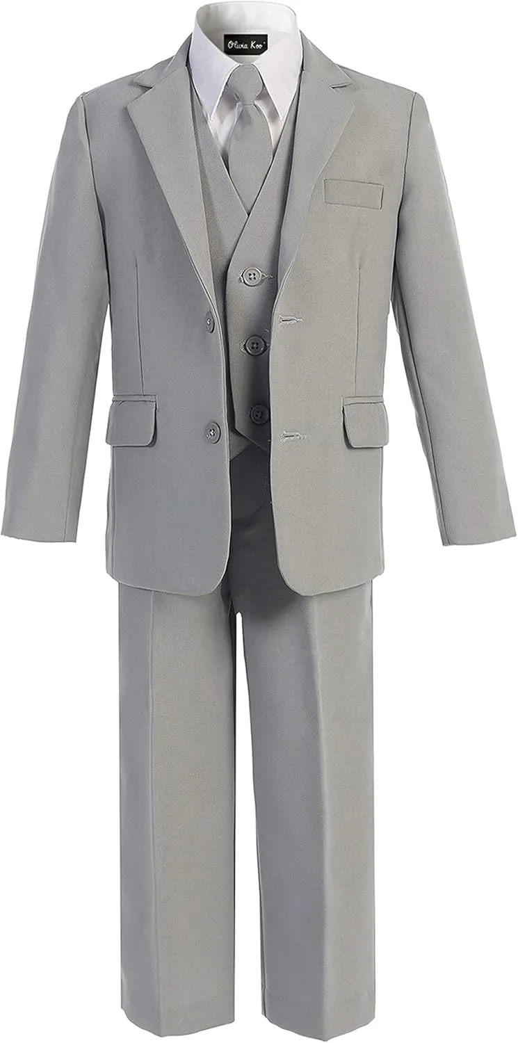 Boys Solid 5-Piece Formal Suit Set with Matching Neck Tie