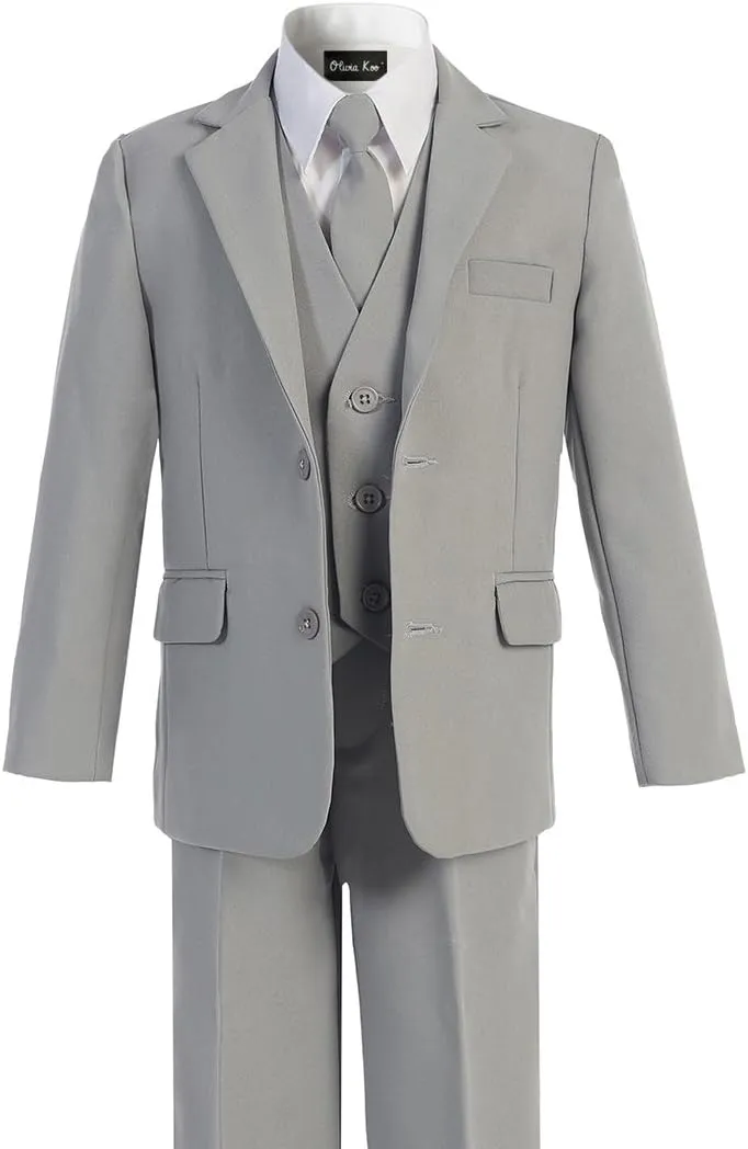 Boys Solid 5-Piece Formal Suit Set with Matching Neck Tie