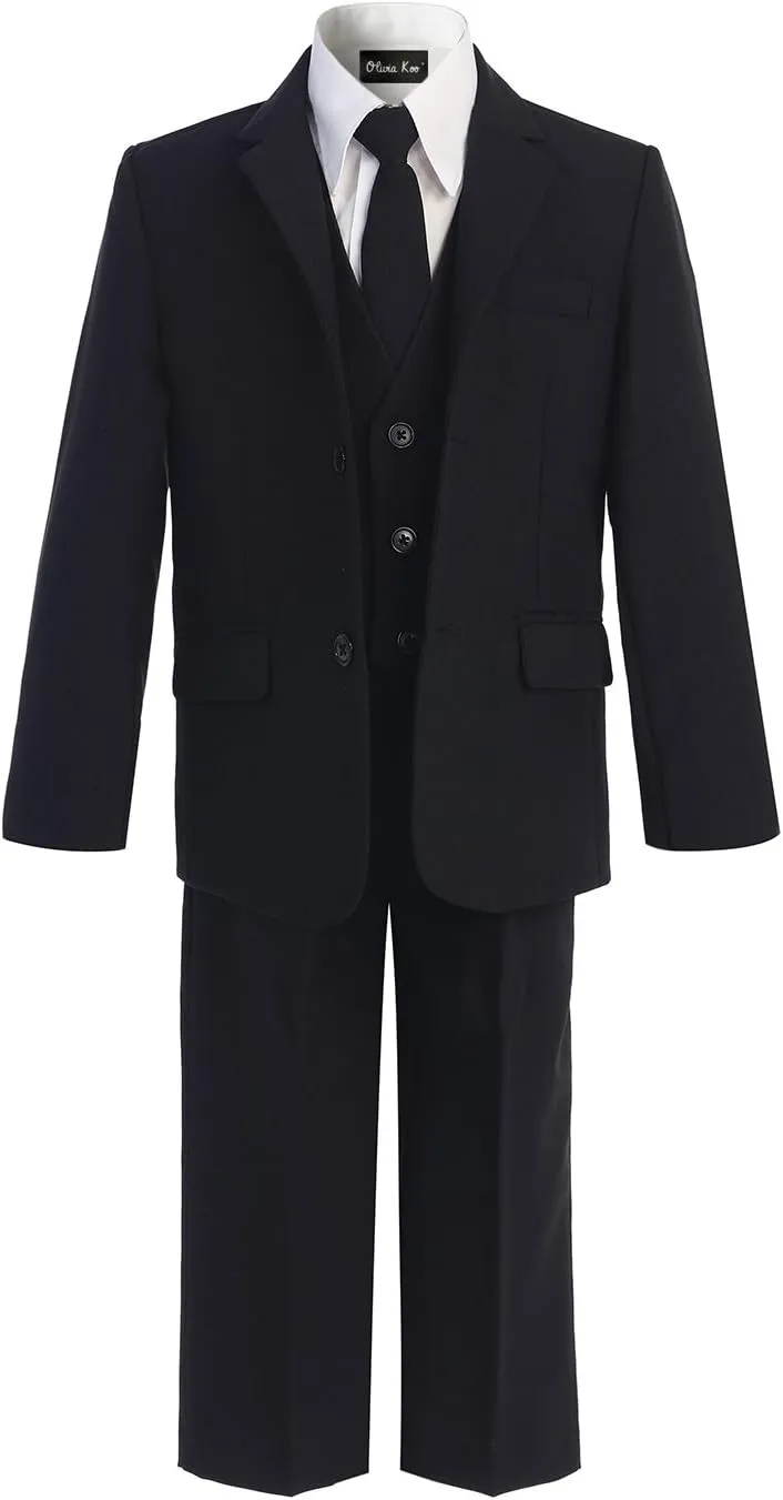 Boys Solid 5-Piece Formal Suit Set with Matching Neck Tie