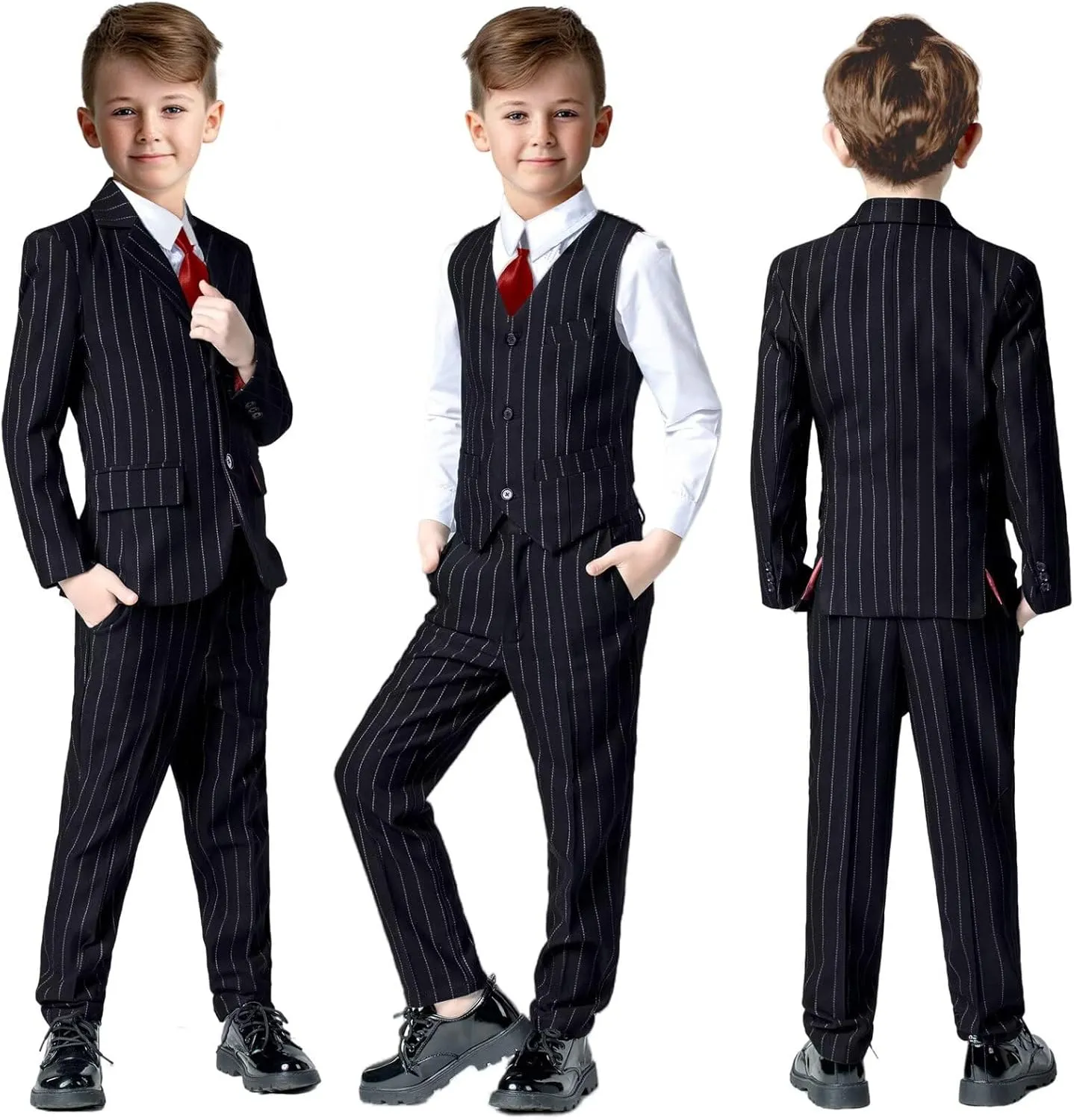Boys Suit 3 Piece Slim Fit Set Stripe Plaid Formal Boy Suits Prom Tux Outfit Teen Kid Dress Jacket Blazer Vest Pant with Tie