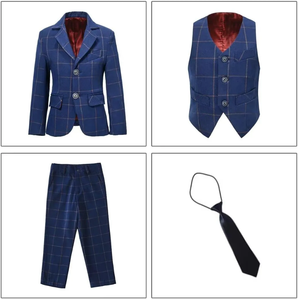 Boys Suit 3 Piece Slim Fit Set Stripe Plaid Formal Boy Suits Prom Tux Outfit Teen Kid Dress Jacket Blazer Vest Pant with Tie
