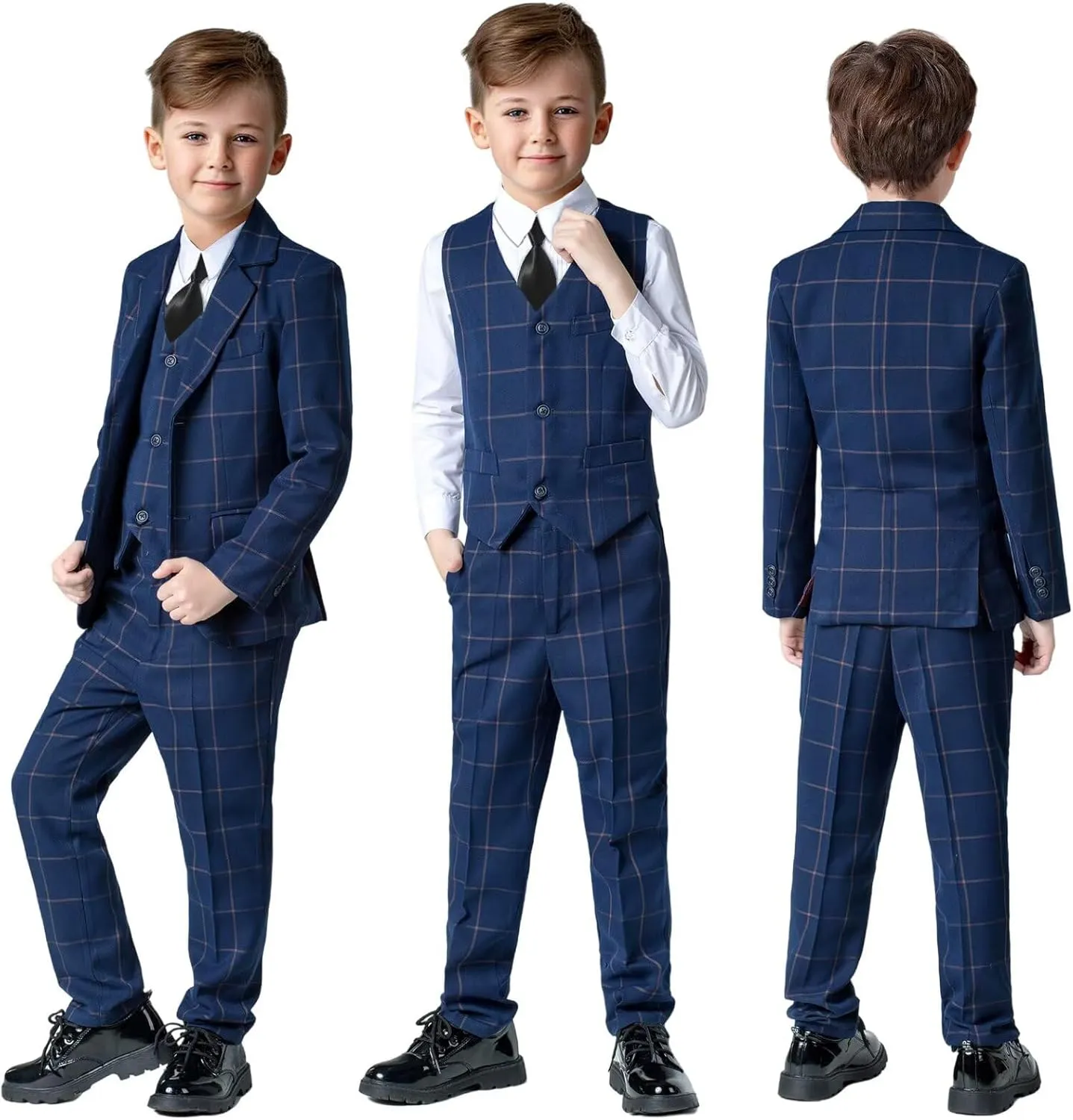 Boys Suit 3 Piece Slim Fit Set Stripe Plaid Formal Boy Suits Prom Tux Outfit Teen Kid Dress Jacket Blazer Vest Pant with Tie