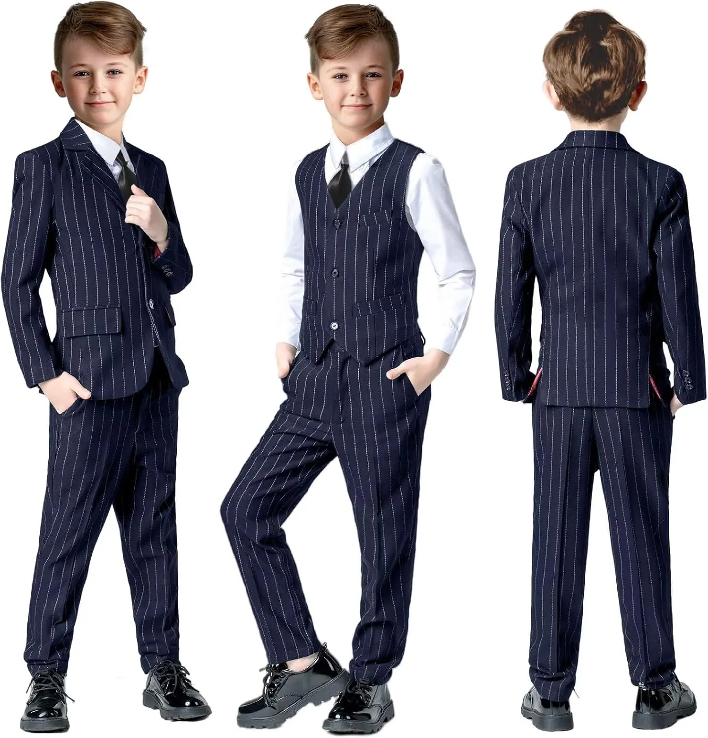 Boys Suit 3 Piece Slim Fit Set Stripe Plaid Formal Boy Suits Prom Tux Outfit Teen Kid Dress Jacket Blazer Vest Pant with Tie