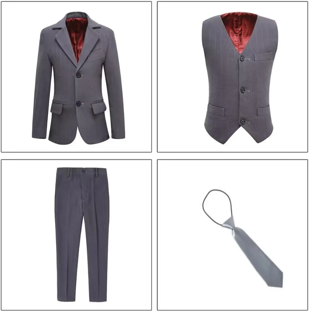 Boys Suit 3 Piece Slim Fit Set Stripe Plaid Formal Boy Suits Prom Tux Outfit Teen Kid Dress Jacket Blazer Vest Pant with Tie