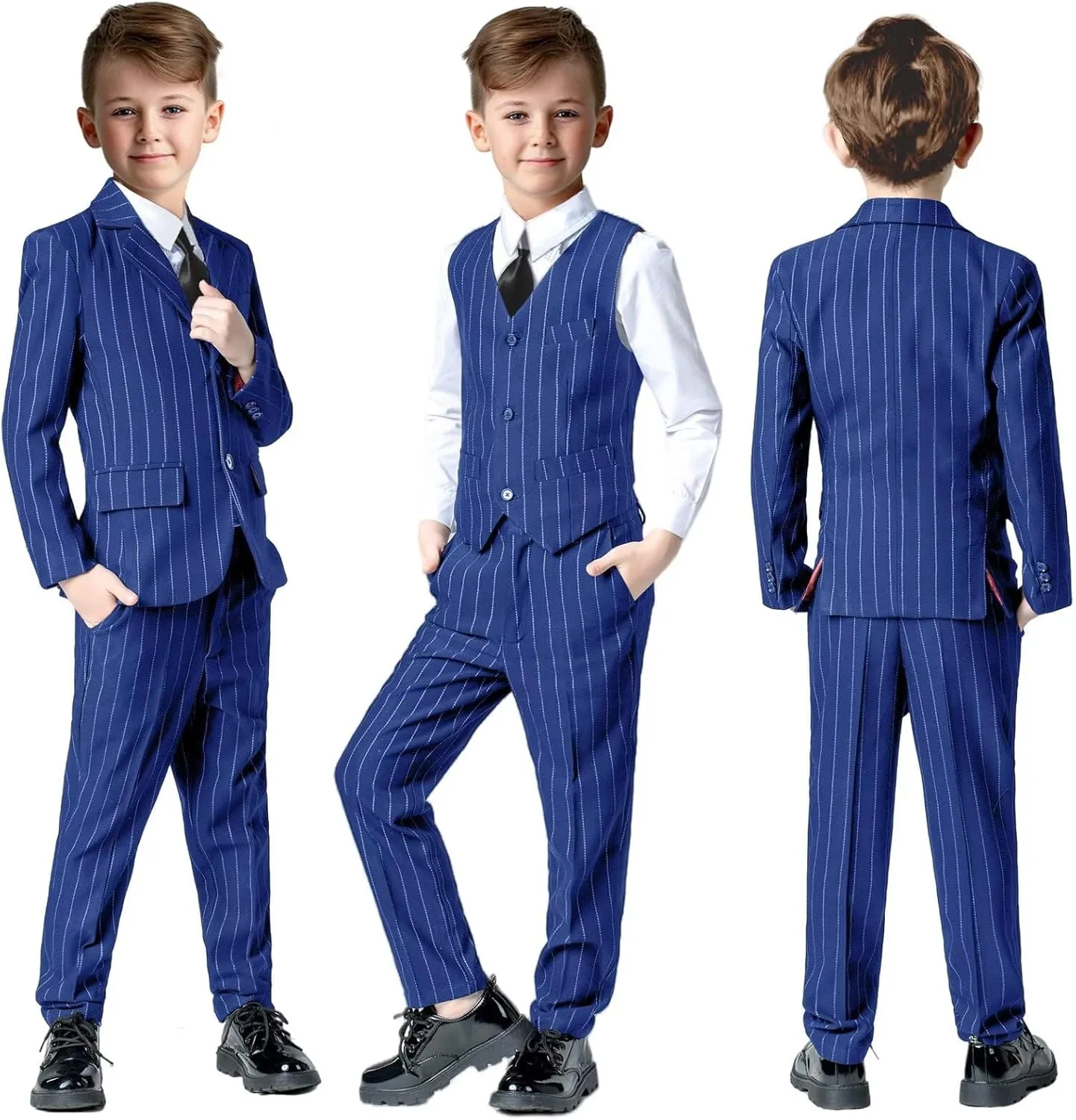 Boys Suit 3 Piece Slim Fit Set Stripe Plaid Formal Boy Suits Prom Tux Outfit Teen Kid Dress Jacket Blazer Vest Pant with Tie
