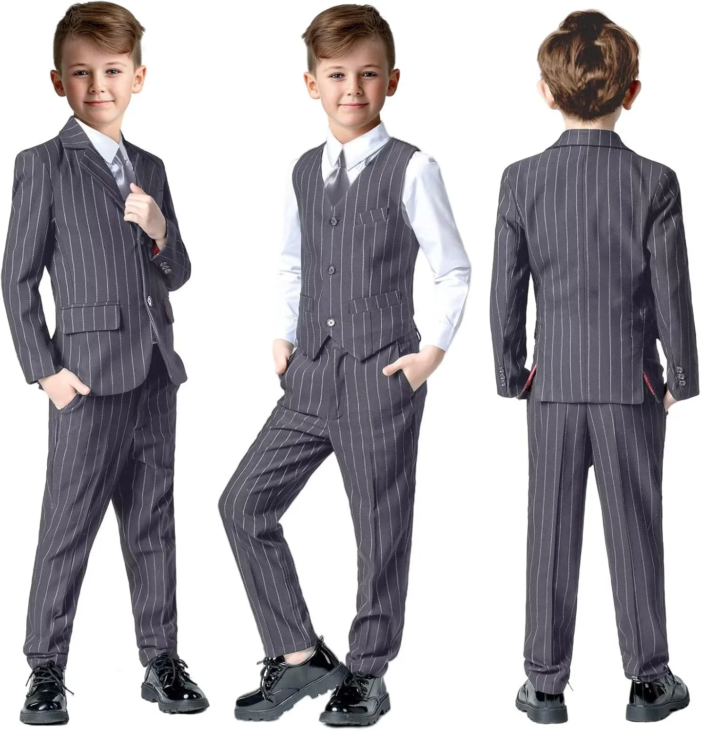 Boys Suit 3 Piece Slim Fit Set Stripe Plaid Formal Boy Suits Prom Tux Outfit Teen Kid Dress Jacket Blazer Vest Pant with Tie