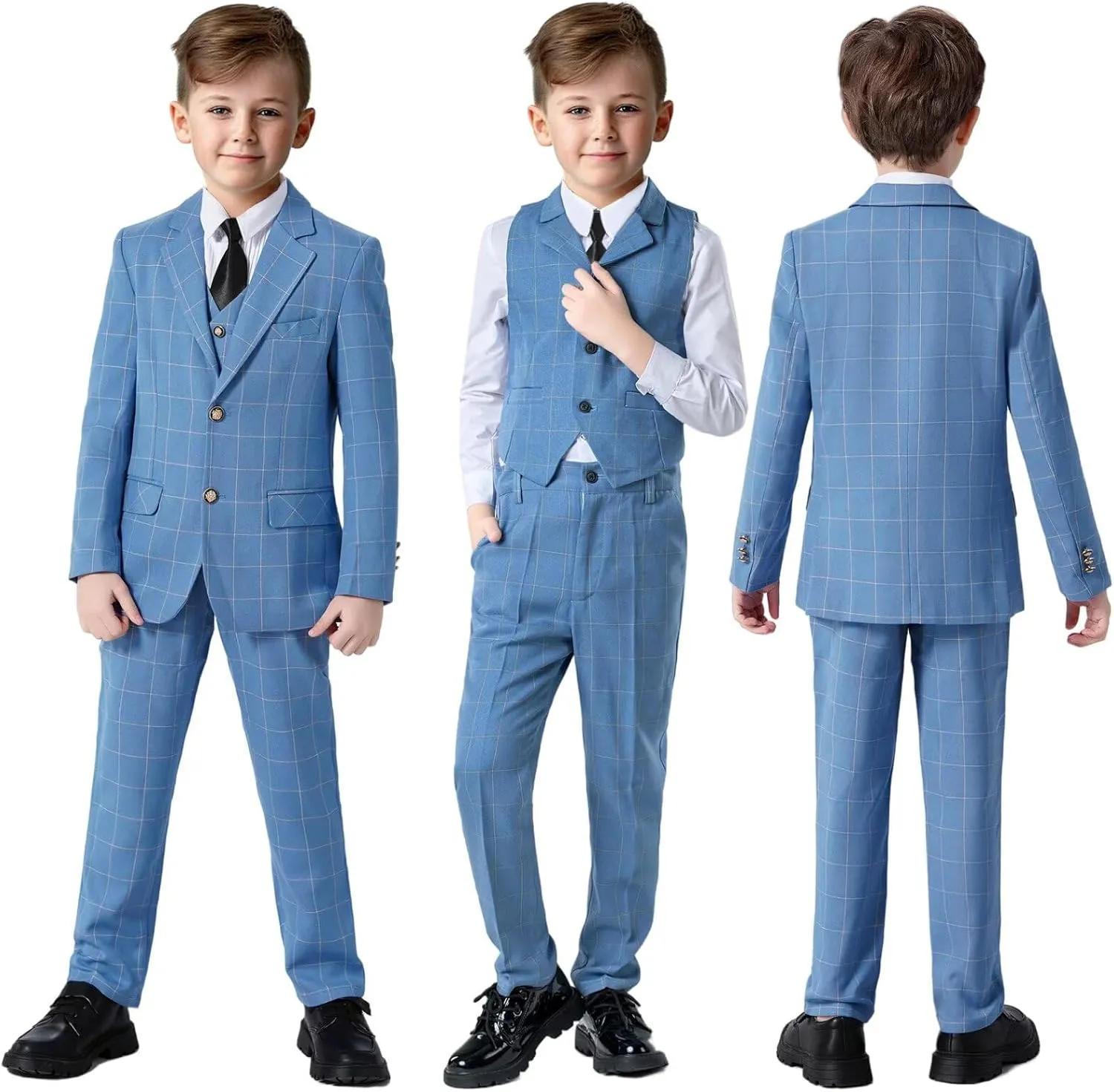 Boys Suit 3 Piece Slim Fit Set Stripe Plaid Formal Boy Suits Prom Tux Outfit Teen Kid Dress Jacket Blazer Vest Pant with Tie
