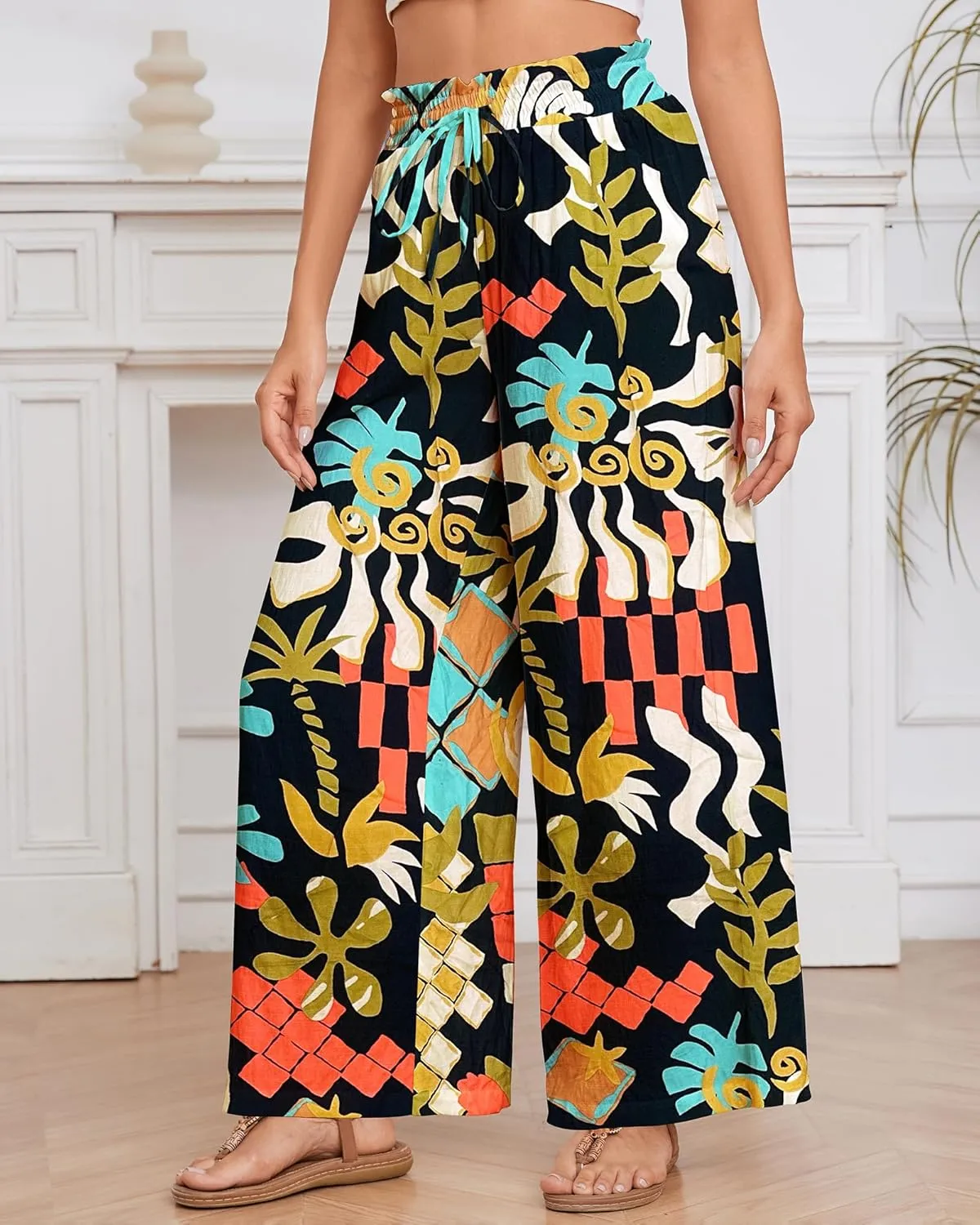 Bsubseach 2025 Womens Beach Wide Leg Pants Summer Floral Elastic Waist Pant Palazzo Dressy Boho Flowy with Pockets