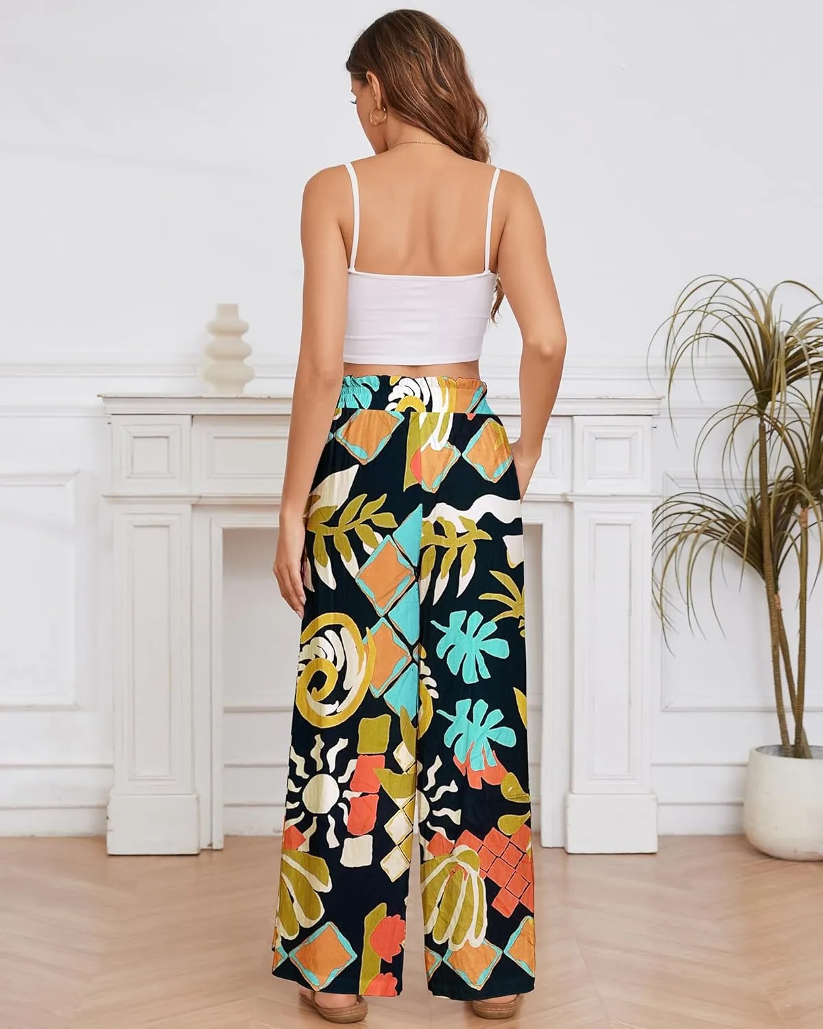 Bsubseach 2025 Womens Beach Wide Leg Pants Summer Floral Elastic Waist Pant Palazzo Dressy Boho Flowy with Pockets