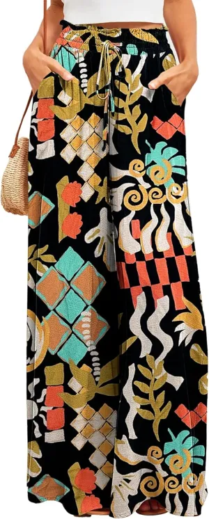 Bsubseach 2025 Womens Beach Wide Leg Pants Summer Floral Elastic Waist Pant Palazzo Dressy Boho Flowy with Pockets