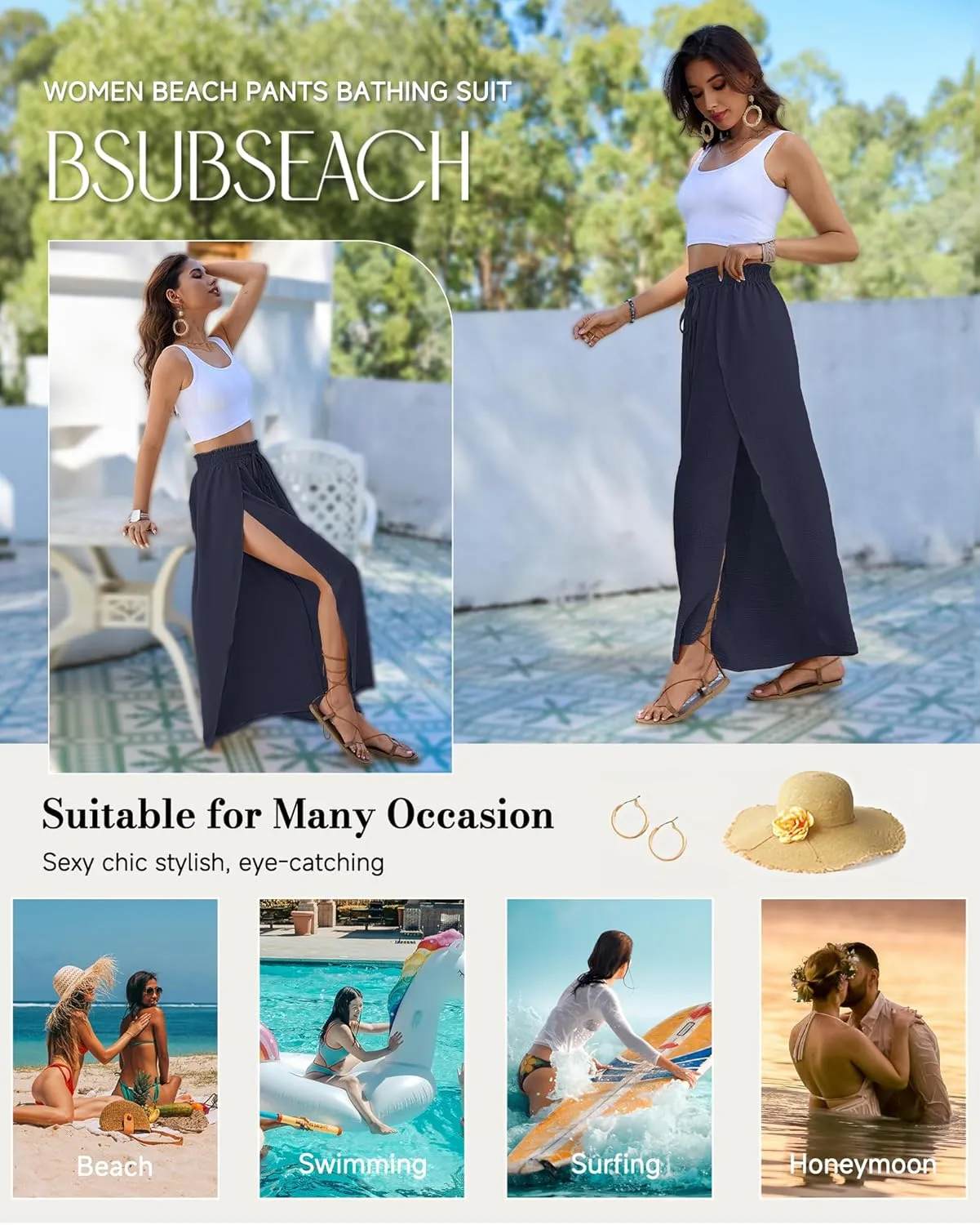 Bsubseach Swim Beach Cover Up Pants for Women Flowy Pant Wide Leg Bathing Suit Coverup Swimsuit Palazzo with Slits