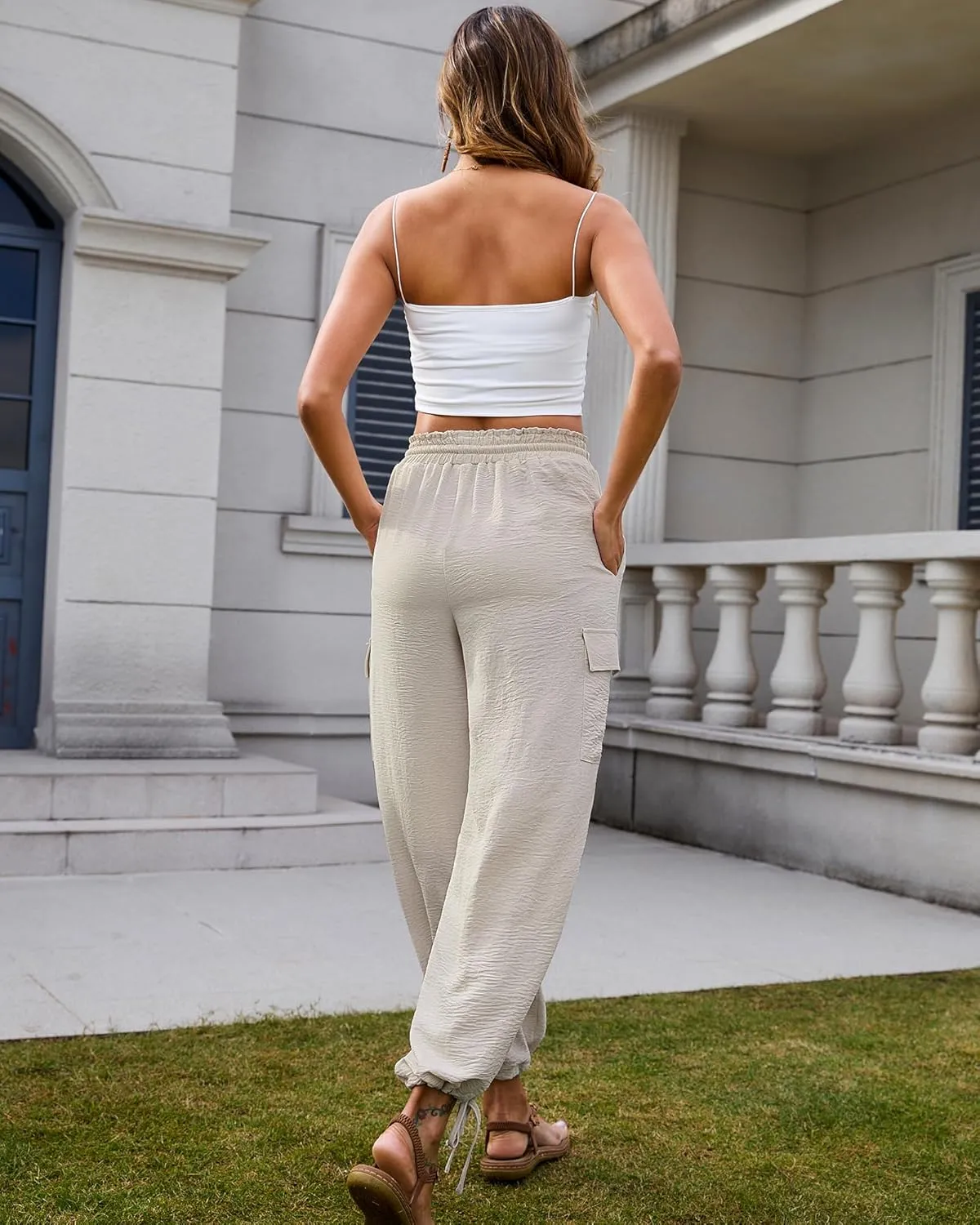 Bsubseach Women Beach Palazzo Cargo Pants Drawstring Wide Leg Trousers Summer Vacation Outfits with Pockets