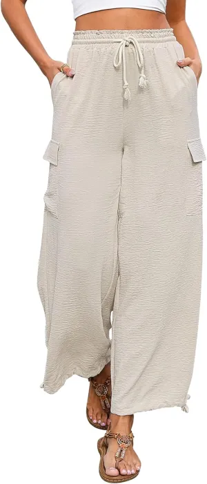 Bsubseach Women Beach Palazzo Cargo Pants Drawstring Wide Leg Trousers Summer Vacation Outfits with Pockets