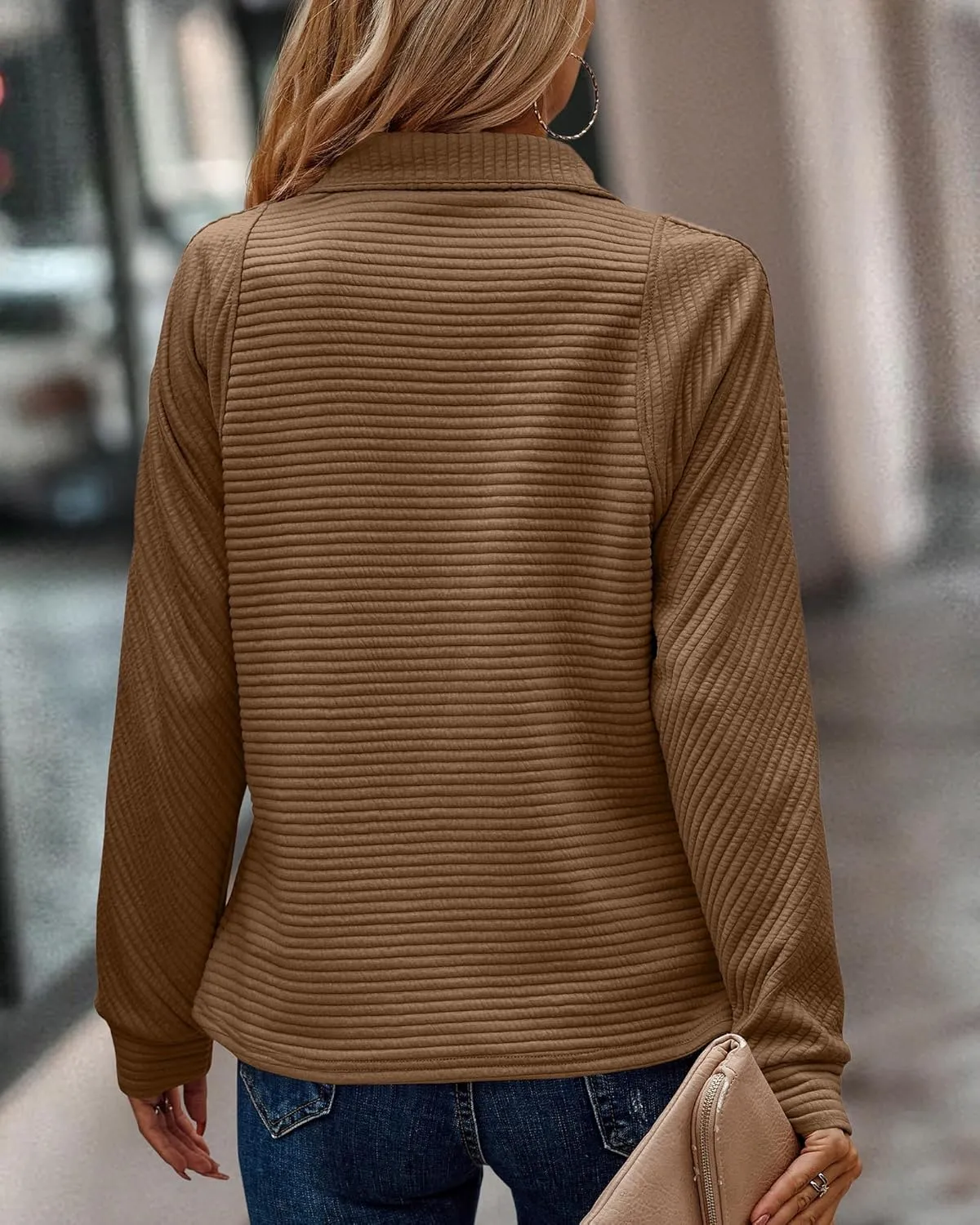 BTFBM Womens 2024 Fall Fashion Quarter Zip Sweatshirts Half Zip Casual Long Sleeve Solid Color V Neck Pullover Tops