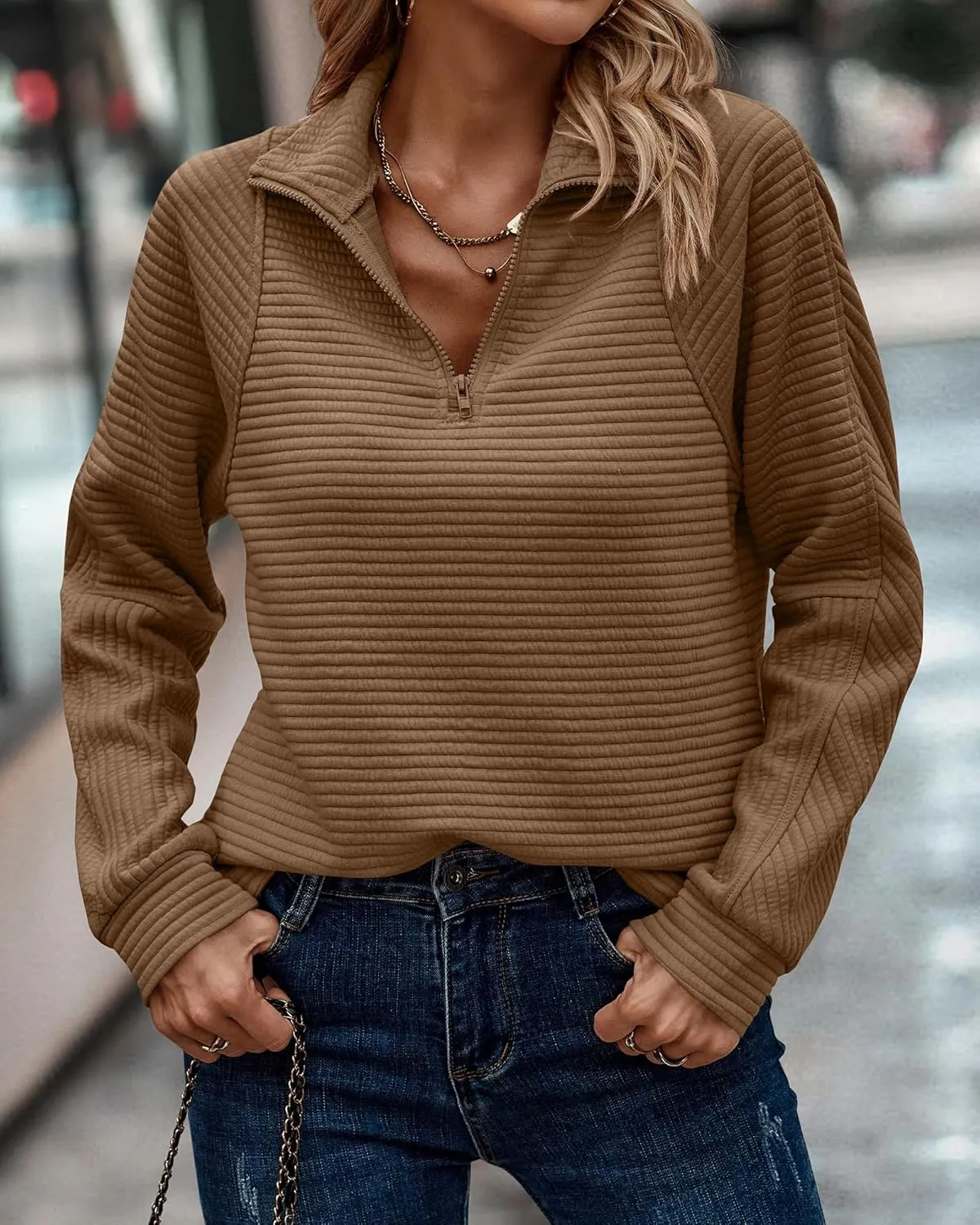 BTFBM Womens 2024 Fall Fashion Quarter Zip Sweatshirts Half Zip Casual Long Sleeve Solid Color V Neck Pullover Tops