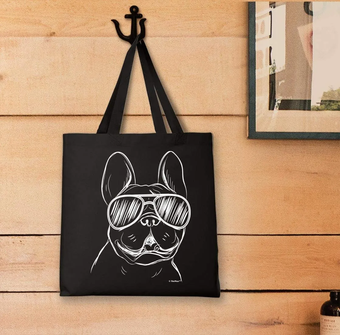Bulldog Tote Bag - Frenchie Wearing Sunglasses - Canvas Dog Lover Gift for Owners