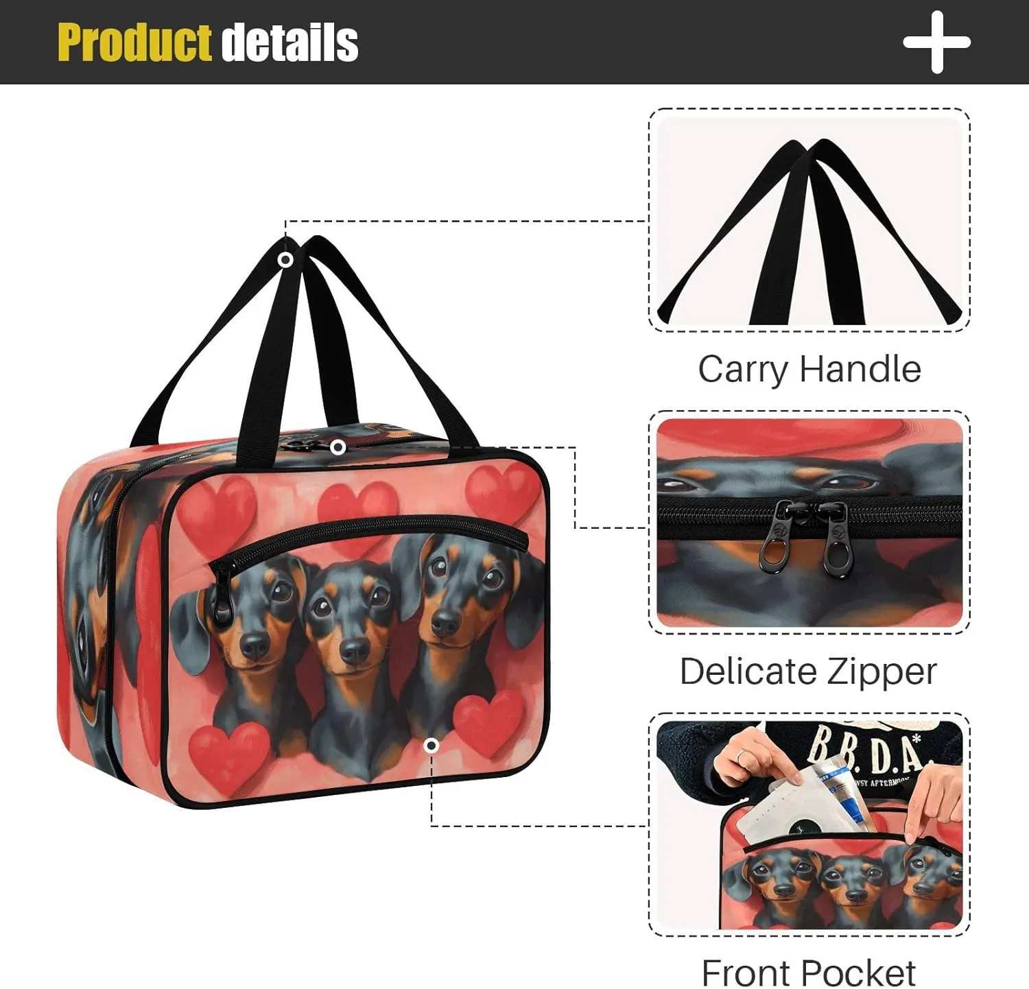 Burbuja Valentine Dog Travel Toiletry Bag for Women, Hanging Waterproof Toiletry Bag Cosmetic Organizer for Toiletries Accessories, M