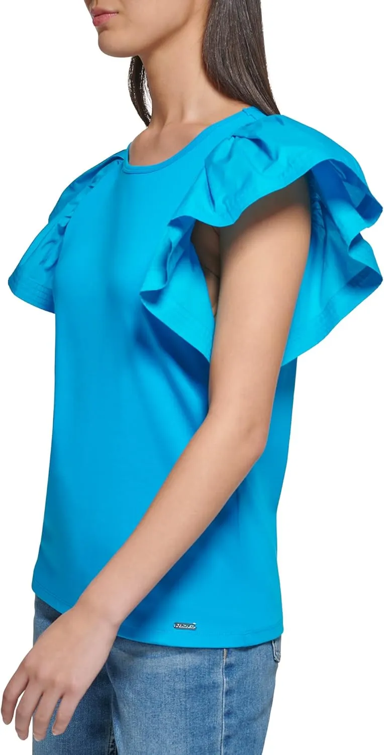 Calvin Klein Women's Essential Cotton Modal Jersey Ruffle Sleeve Shirt (Regular and Plus Sizes)