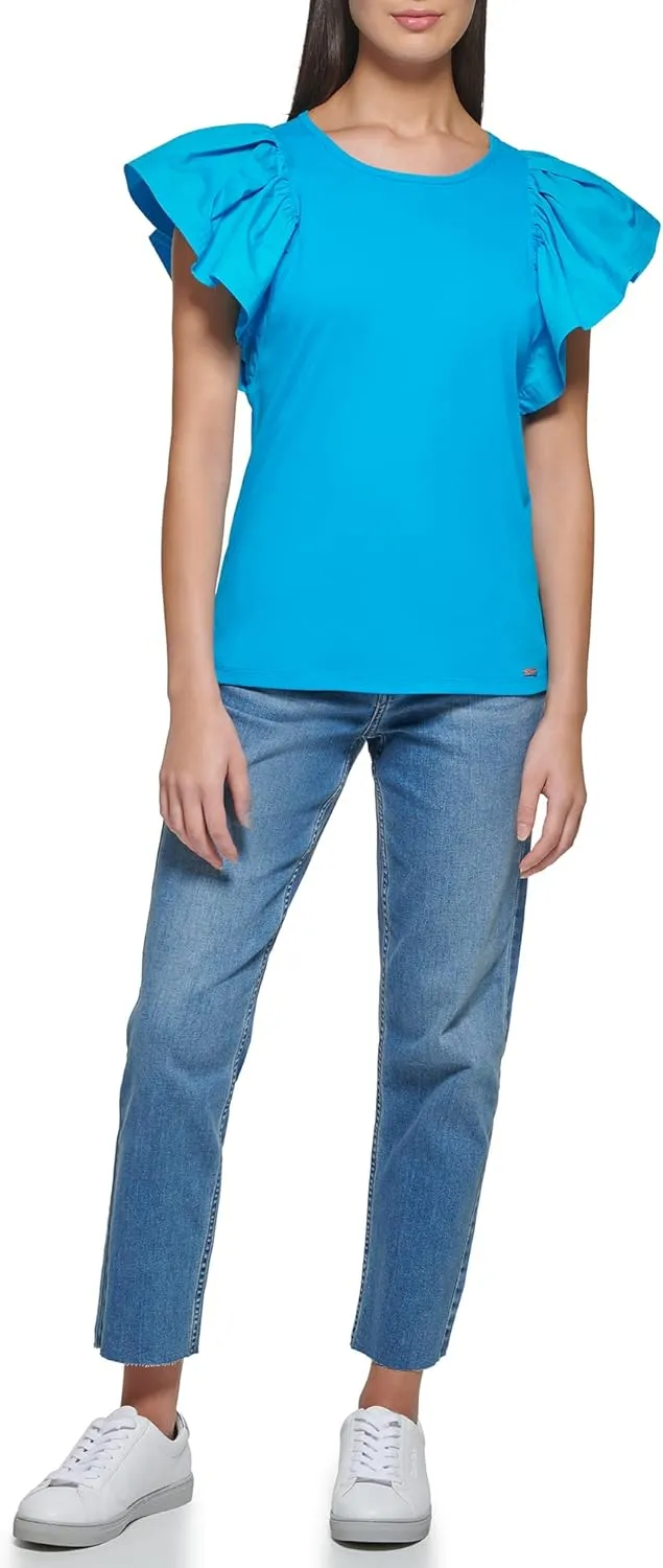 Calvin Klein Women's Essential Cotton Modal Jersey Ruffle Sleeve Shirt (Regular and Plus Sizes)