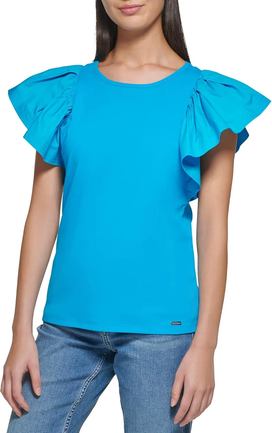 Calvin Klein Women's Essential Cotton Modal Jersey Ruffle Sleeve Shirt (Regular and Plus Sizes)