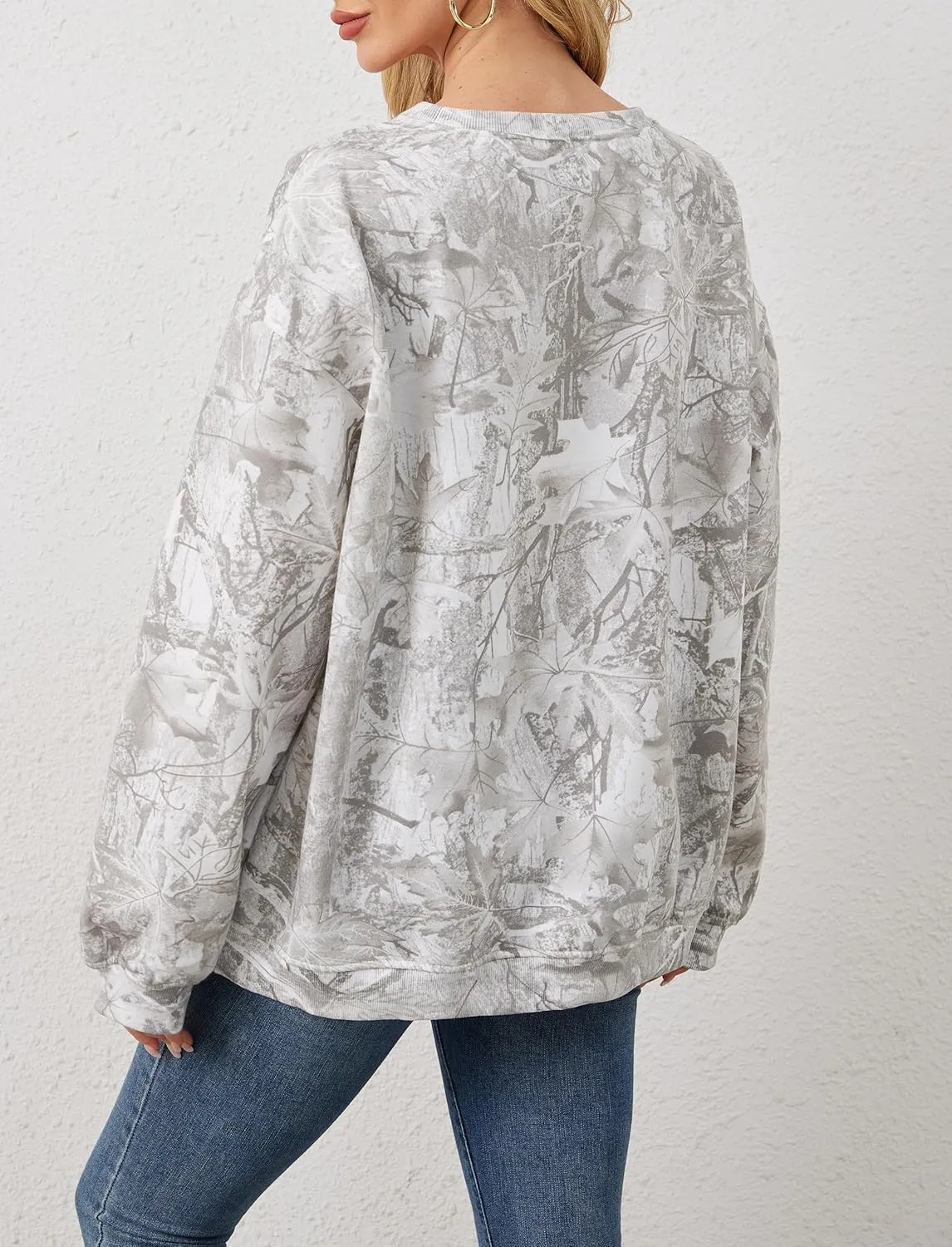 Camo Sweatshirt For Women Maple Leaf Print Hoodies Crew Neck Oversized Long Sleeve Drop Shoulder Pullovers