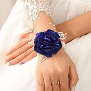 CASDRE Bridal Wrist Corsage Pearl Bride Wedding Hand Flower Corsage Wristlet Wedding Accessories for Women and Girls (Blue)