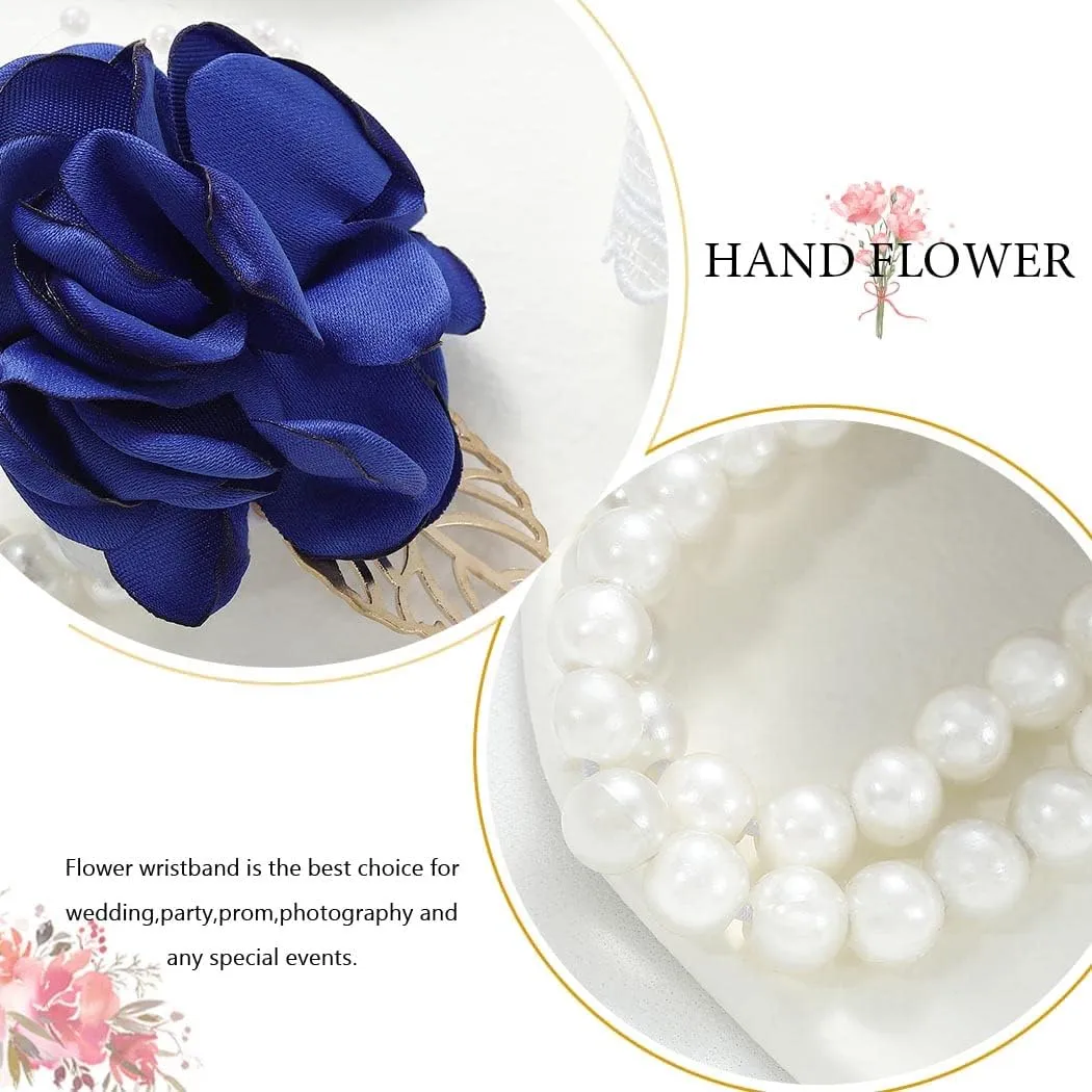 CASDRE Bridal Wrist Corsage Pearl Bride Wedding Hand Flower Corsage Wristlet Wedding Accessories for Women and Girls (Blue)
