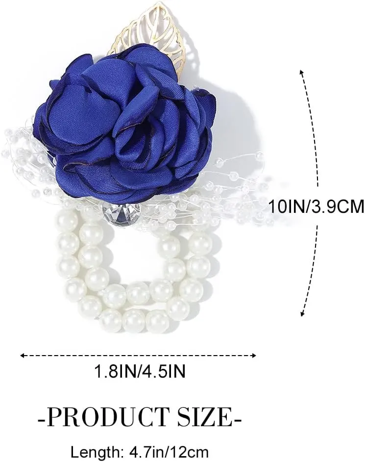 CASDRE Bridal Wrist Corsage Pearl Bride Wedding Hand Flower Corsage Wristlet Wedding Accessories for Women and Girls (Blue)