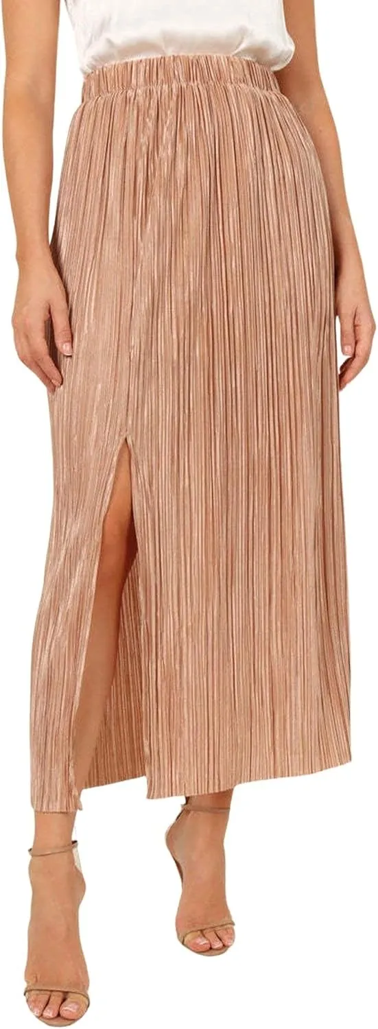 CHARTOU Casual High Waist A Line Long Pleated Skirt for Women Midi Length Side Slit Ruffle Flowy Pencil Skirt