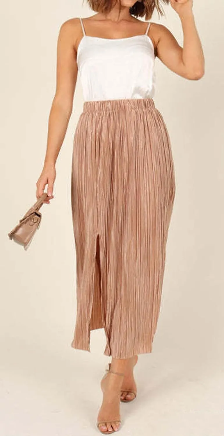 CHARTOU Casual High Waist A Line Long Pleated Skirt for Women Midi Length Side Slit Ruffle Flowy Pencil Skirt
