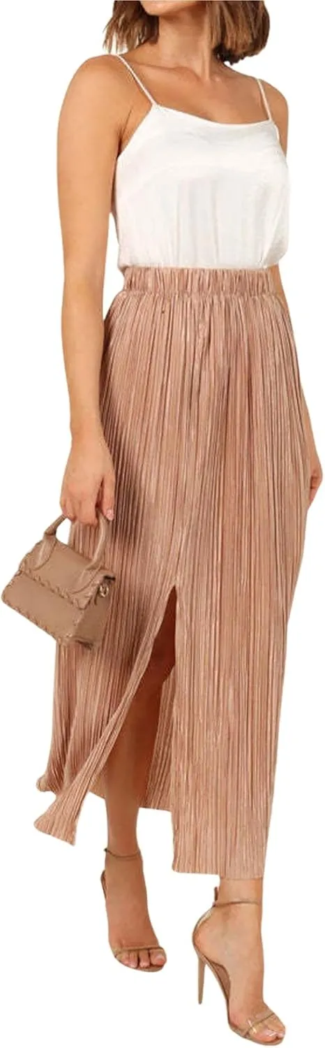 CHARTOU Casual High Waist A Line Long Pleated Skirt for Women Midi Length Side Slit Ruffle Flowy Pencil Skirt