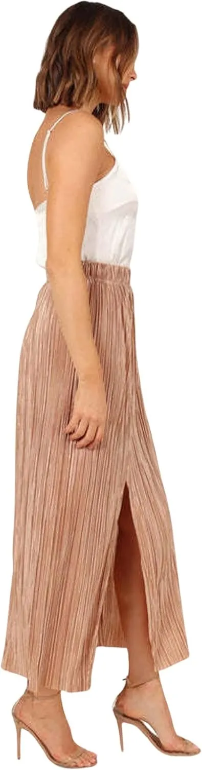CHARTOU Casual High Waist A Line Long Pleated Skirt for Women Midi Length Side Slit Ruffle Flowy Pencil Skirt