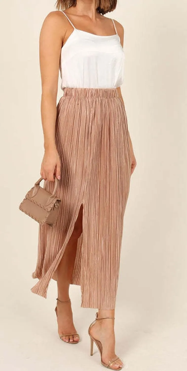CHARTOU Casual High Waist A Line Long Pleated Skirt for Women Midi Length Side Slit Ruffle Flowy Pencil Skirt