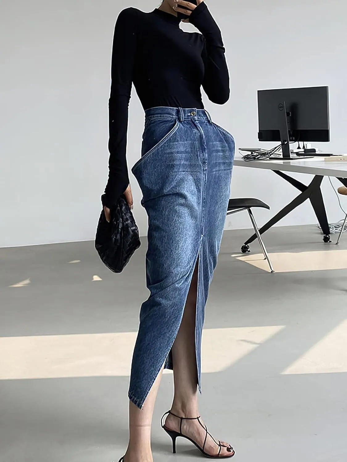 CHARTOU Women's Chic High Waist Slit Pencil Bodycon Midi Long Denim Skirt with Pockets