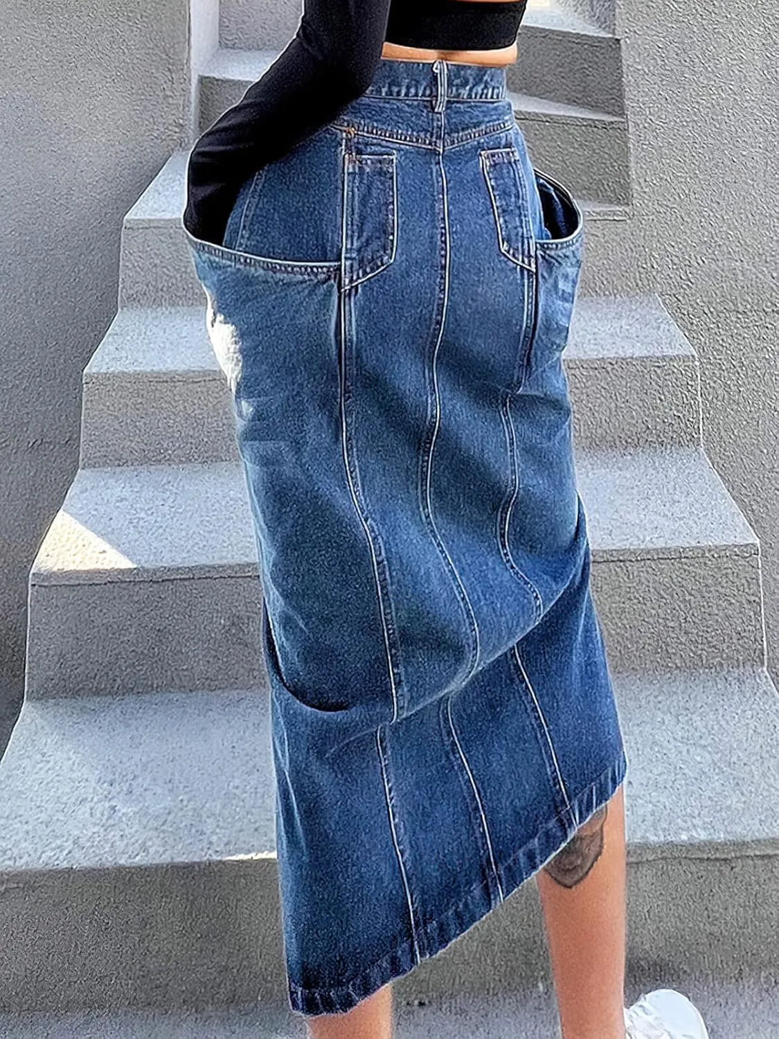 CHARTOU Women's Chic High Waist Slit Pencil Bodycon Midi Long Denim Skirt with Pockets