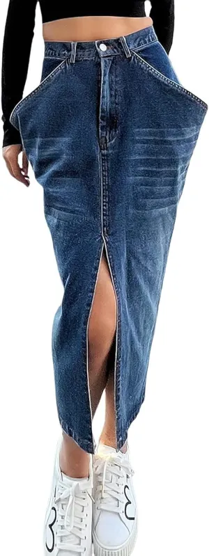 CHARTOU Women's Chic High Waist Slit Pencil Bodycon Midi Long Denim Skirt with Pockets