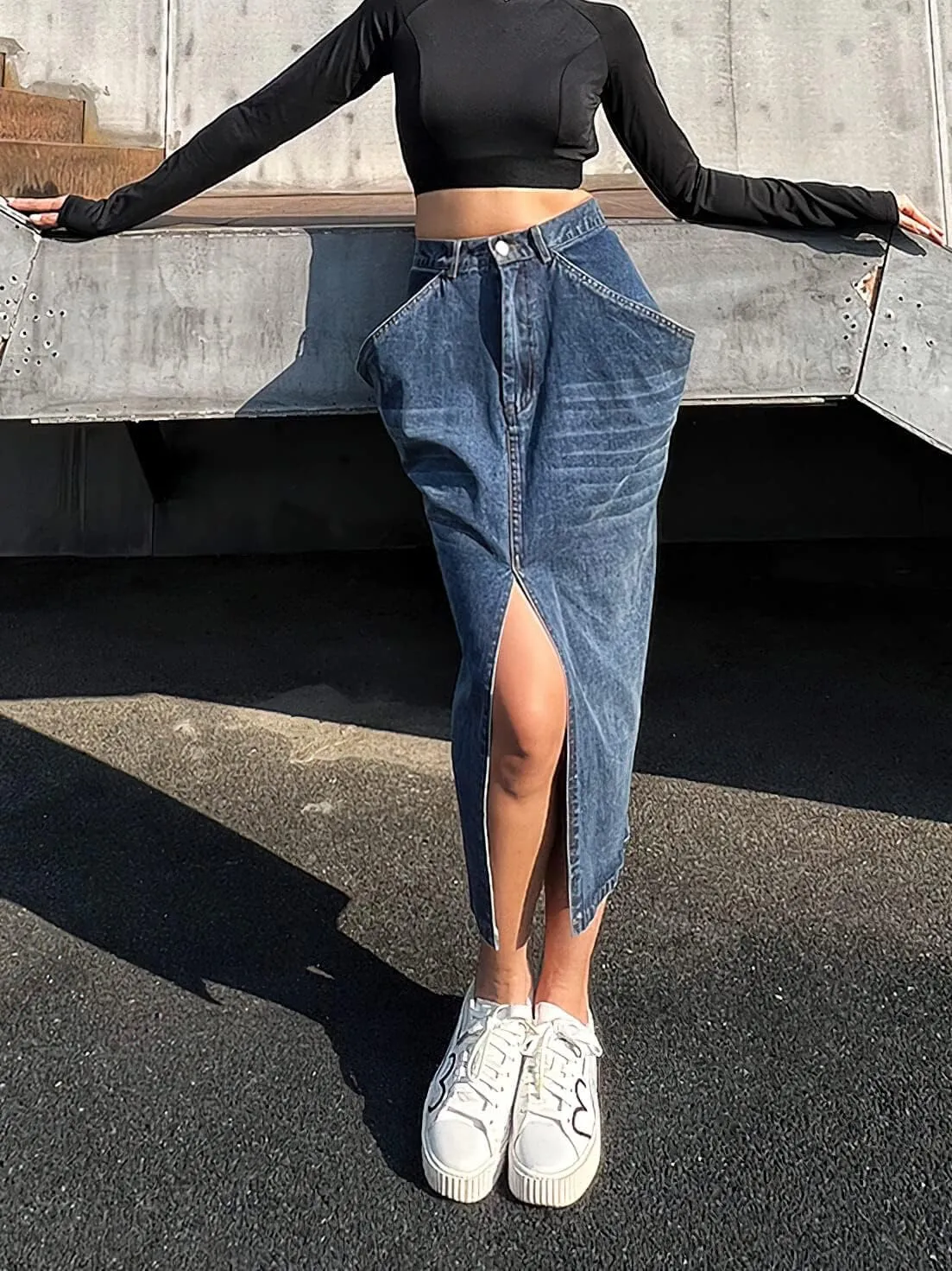 CHARTOU Women's Chic High Waist Slit Pencil Bodycon Midi Long Denim Skirt with Pockets