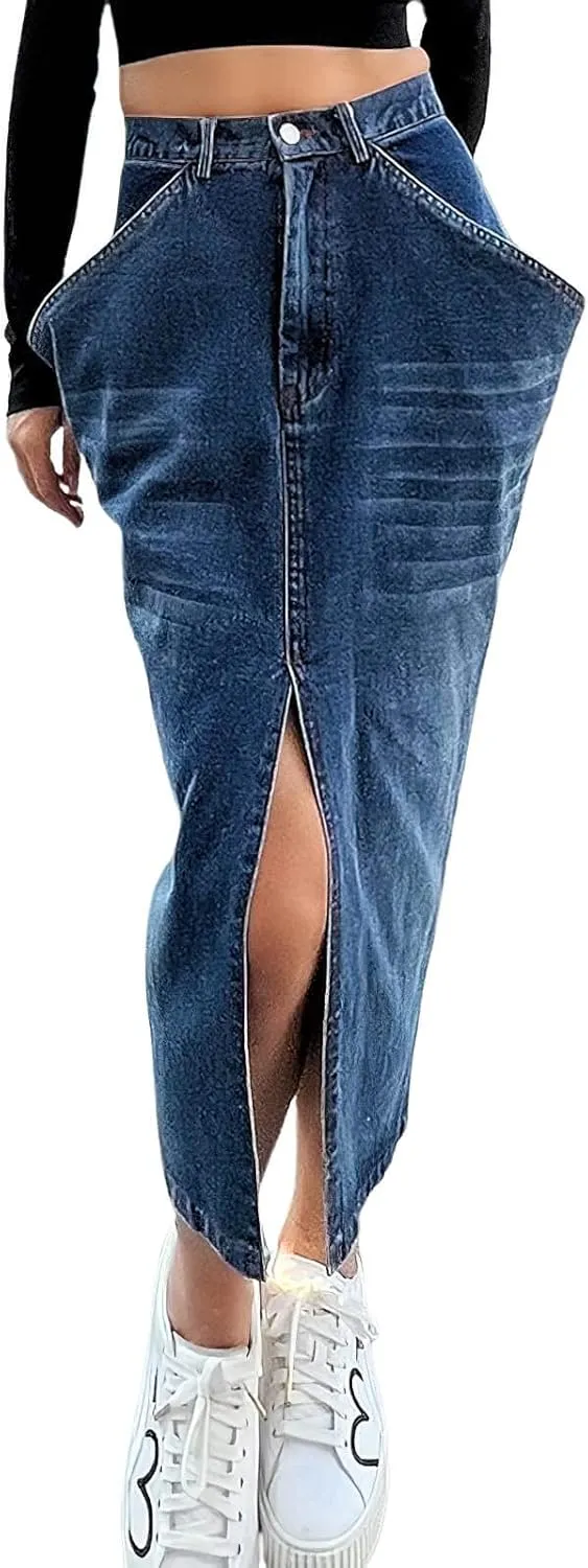 CHARTOU Women's Chic High Waist Slit Pencil Bodycon Midi Long Denim Skirt with Pockets