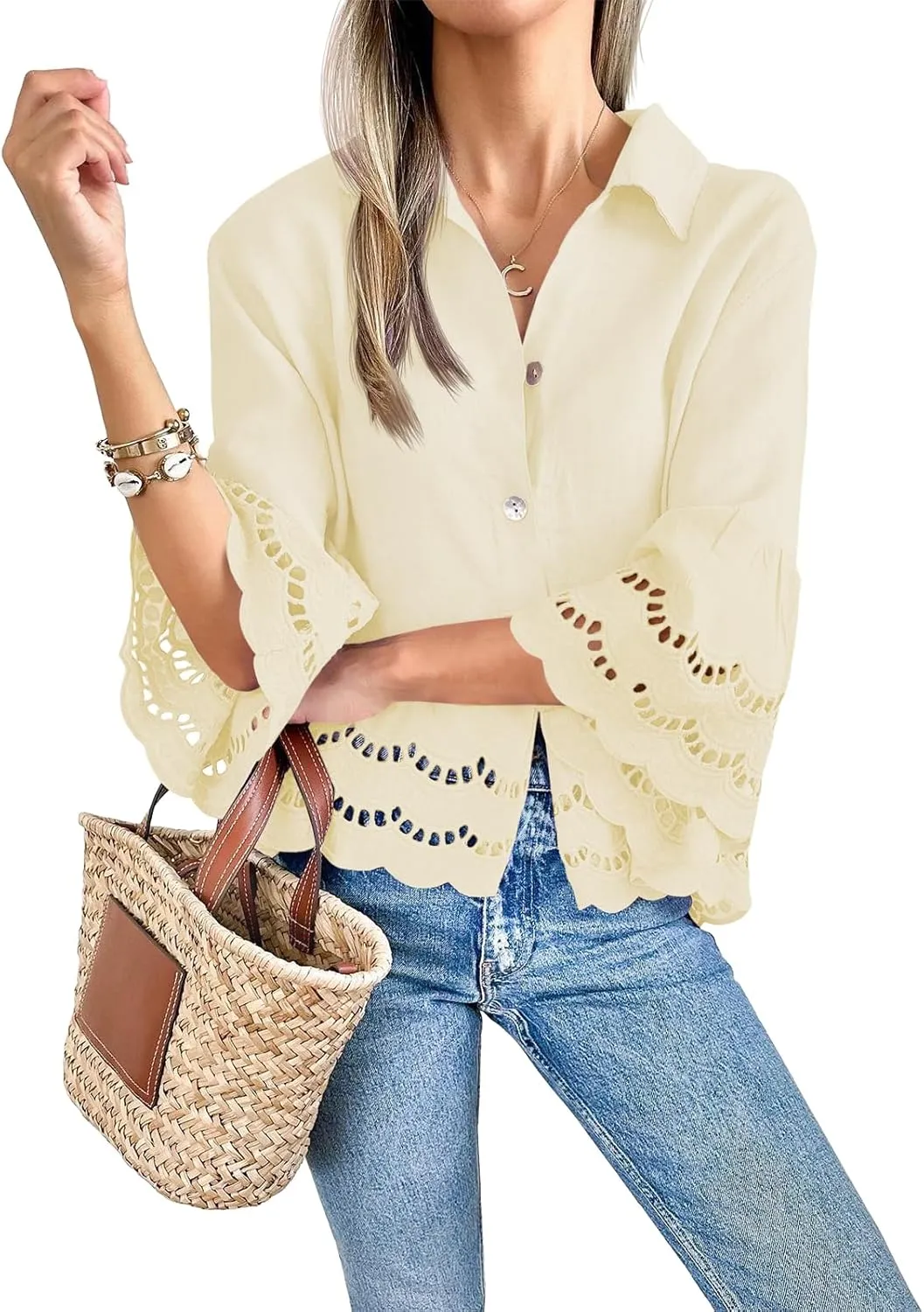 Cicy Bell Womens 3/4 Bell Sleeve Button Down Shirts Casual Ruffle Hem Tops Eyelet Blouse
