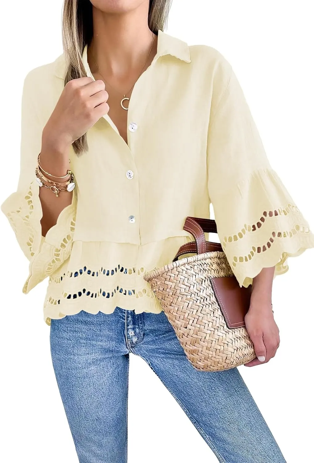 Cicy Bell Womens 3/4 Bell Sleeve Button Down Shirts Casual Ruffle Hem Tops Eyelet Blouse