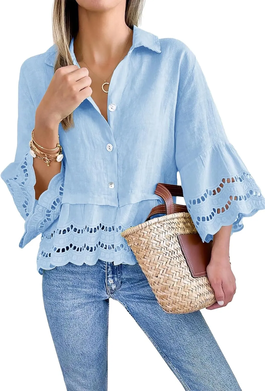 Cicy Bell Womens 3/4 Bell Sleeve Button Down Shirts Casual Ruffle Hem Tops Eyelet Blouse