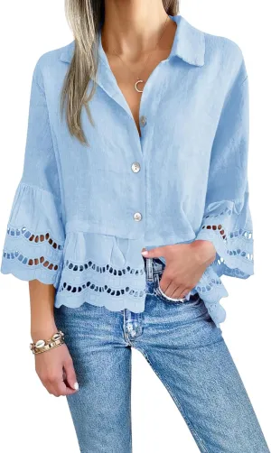 Cicy Bell Womens 3/4 Bell Sleeve Button Down Shirts Casual Ruffle Hem Tops Eyelet Blouse
